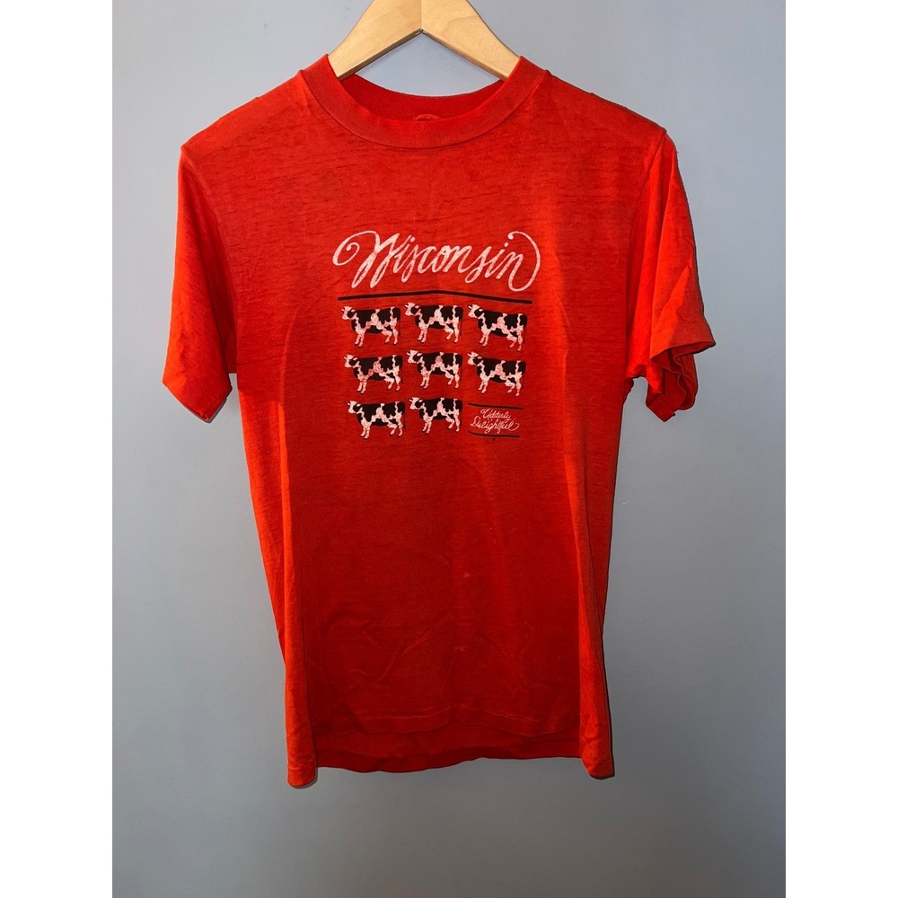 Vintage Wisconsin Udderly Delightful Cow Graphic T-Shirt Red Single Stitch Tee